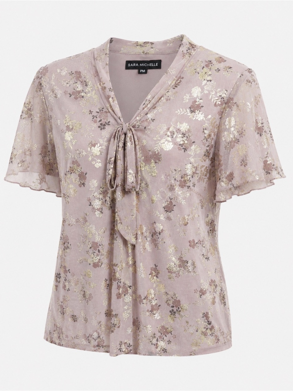 Sara Michelle | Mauve Metallic Floral Print Tie-Neck Blouse | Women’s Size: PM
